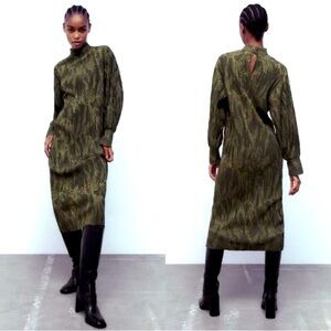 M 🔖 ZARA Jacquard Tunic Dress Long Sleeve Mock Neck Green Olive 4886/467